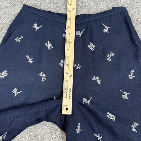 Talbots Irish Linen Paris Embroidered Trouser Pants Blue 6 Eiffel Tower - Picture 12 of 14